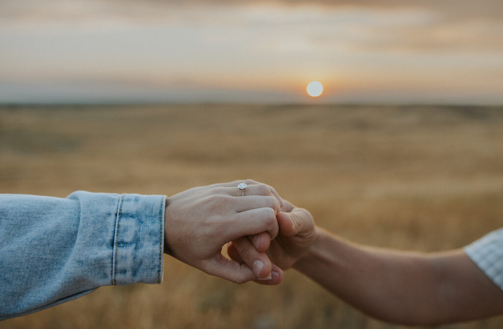 Couples field sunset engagement photos in Snelling, California
