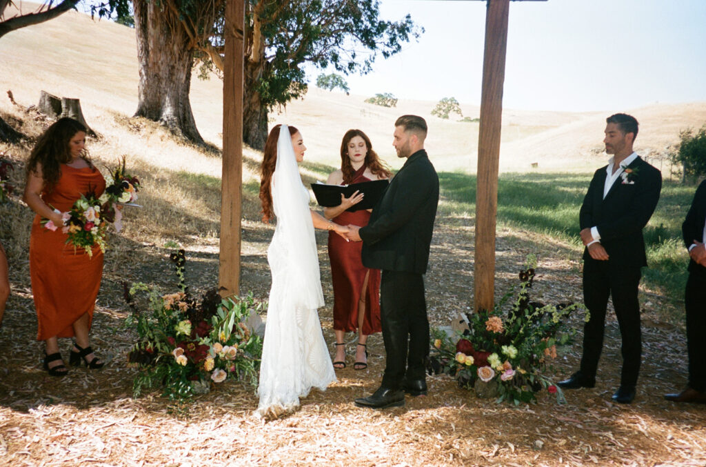 Outdoor wedding ceremony at Glenn Ranch on film
