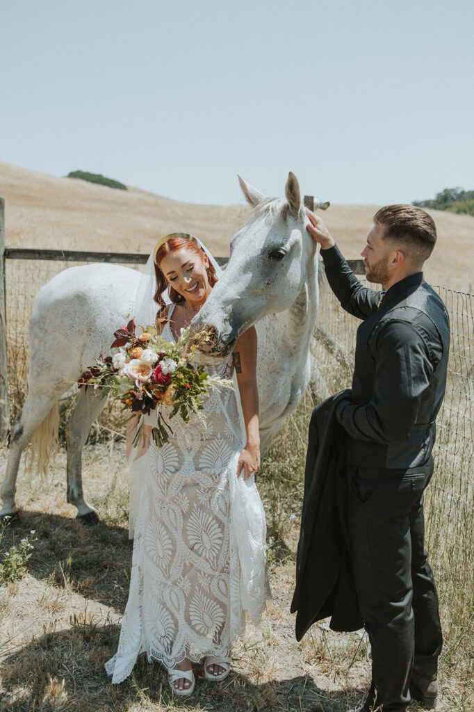 Bride and groom portraits with a horse from a wedding at Glen Ranch - California Ranch wedding venue