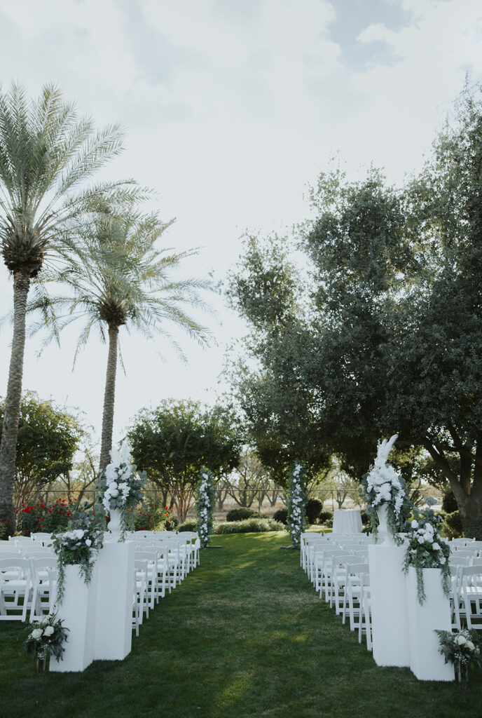 An outdoor Tuscan Gardens wedding ceremony in Fresno County, California