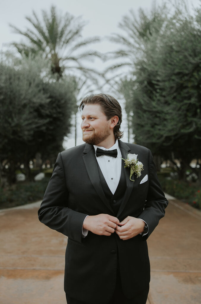 Grooms portraits from a Tuscan Gardens wedding in Fresno County, California