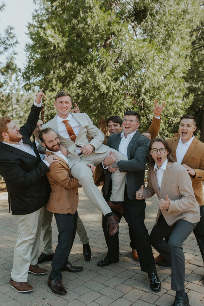 groom and groomsmen photos from a California mountain wedding at lillaskog lodge