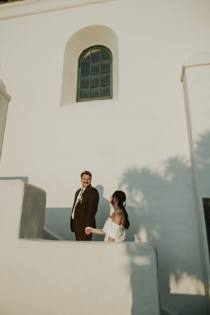 Bride and groom portraits from their San Diego wedding at The Junipero Serra Museum