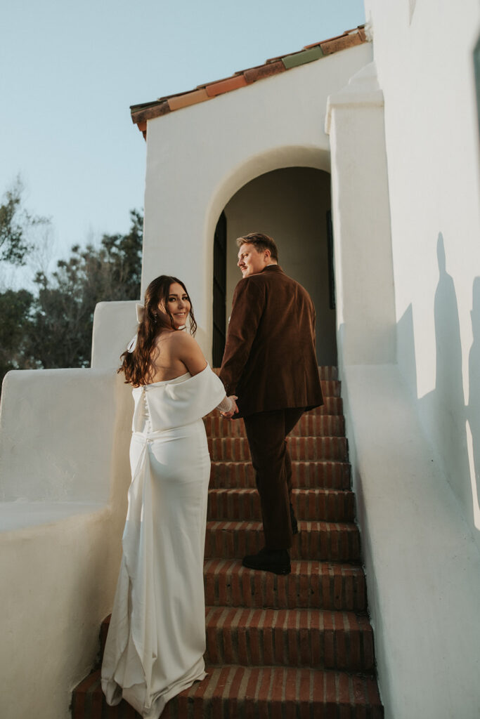Bride and groom portraits from a San Diego wedding at The Junipero Serra Museum
